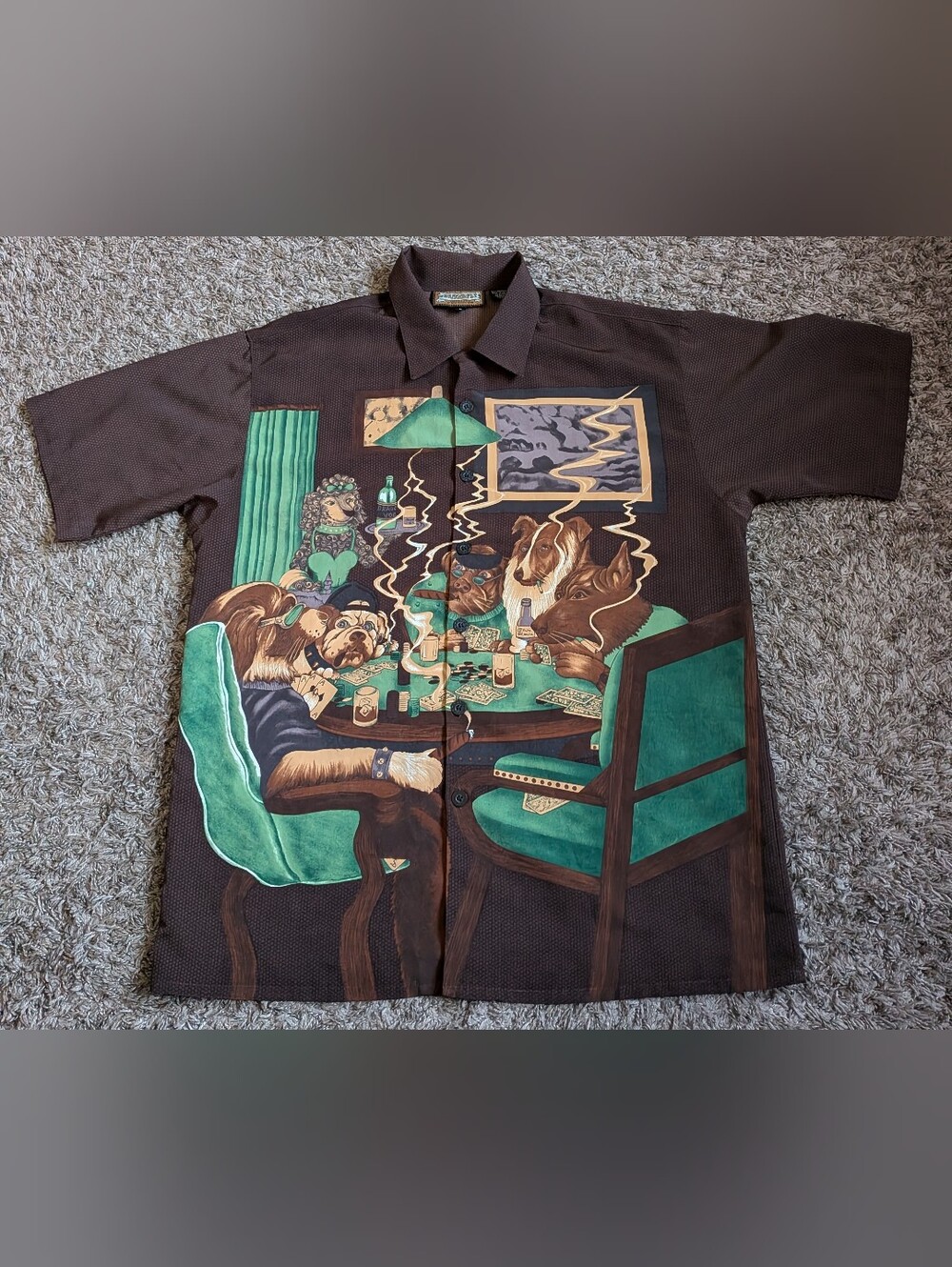 Dragonfly Dogs Poker Gambling Smoking Brown Short Sleeve Button Up Men's L